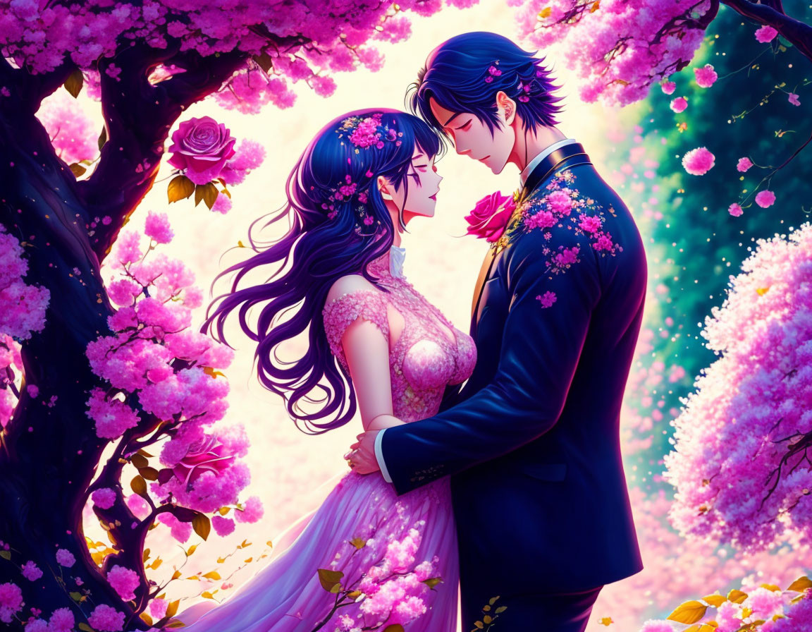 Illustrated couple in formal attire under pink blossoming tree with roses and petals.