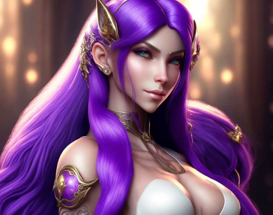 Fantasy illustration of female character with purple hair and elfin jewelry