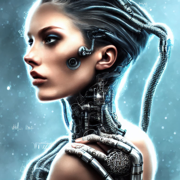 Female cyborg with mechanical neck and ear components on blue background