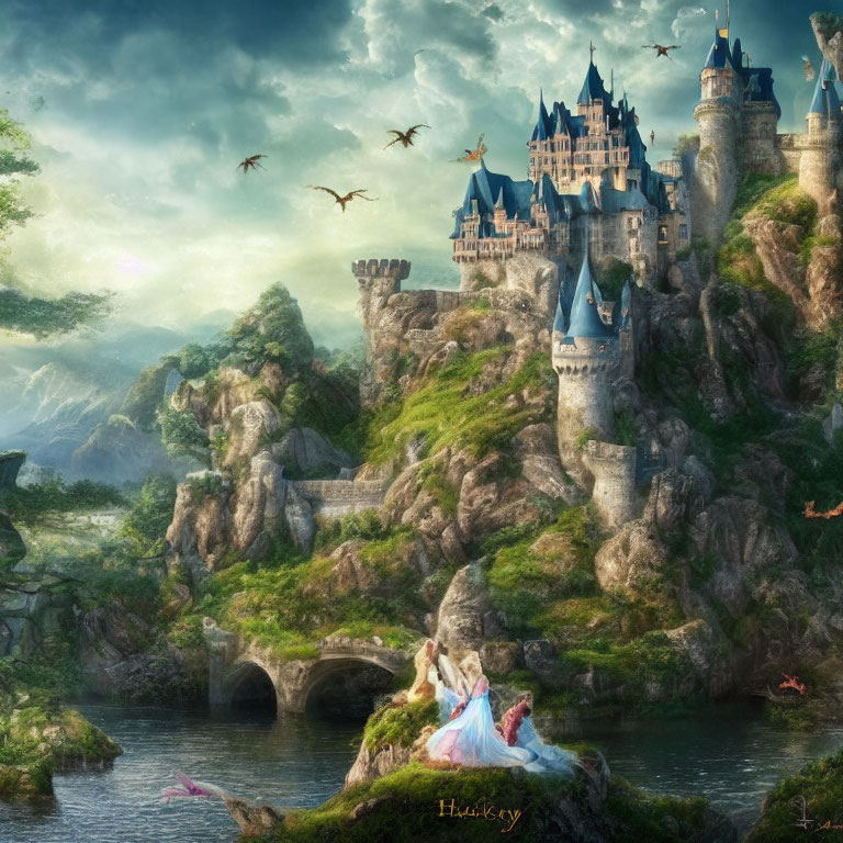 Castle on Cliffs with Woman in Flowing Dress, Stone Bridge, Greenery, Birds, Fl