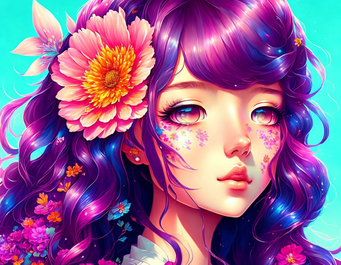 Vibrant illustration of girl with purple hair and floral adornments