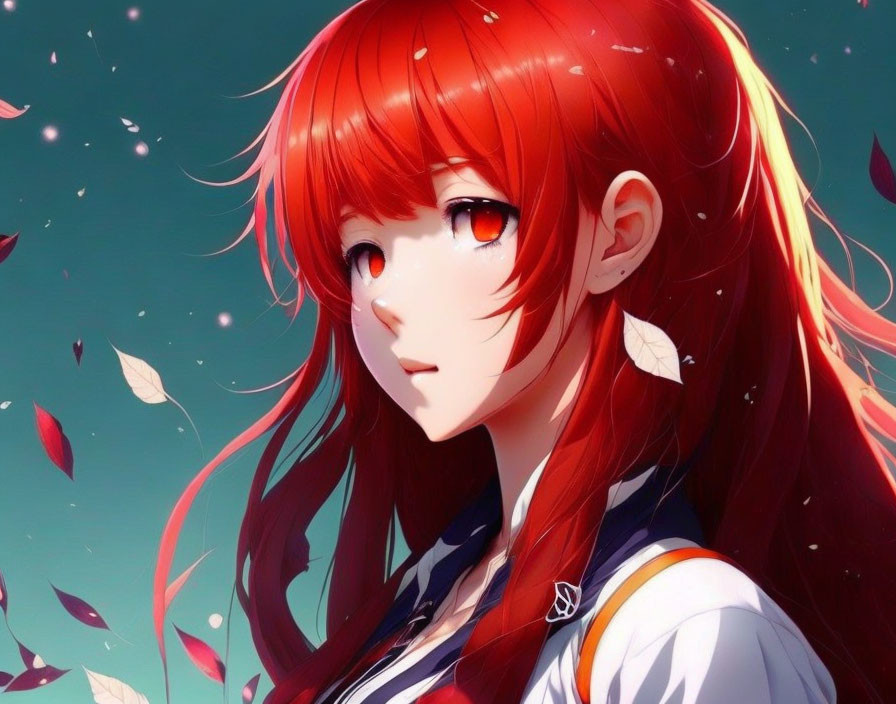 Anime-style image of a female character with red hair and orange eyes in a fall setting.