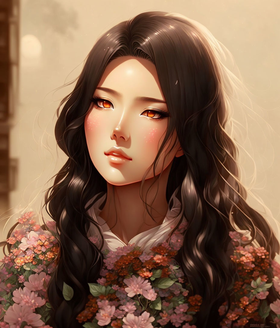 Portrait of woman with long wavy hair, amber eyes, and pink flowers.