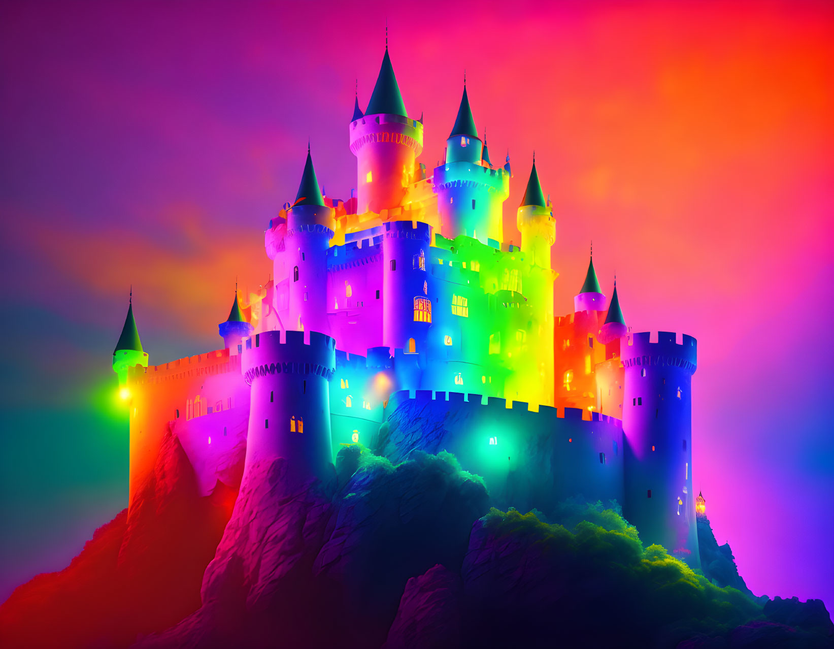 Colorful Neon Fantasy Castle Against Pink-Purple Sky