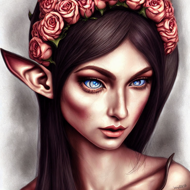 Digital portrait of a woman with pointed ears and blue eyes wearing a rose crown