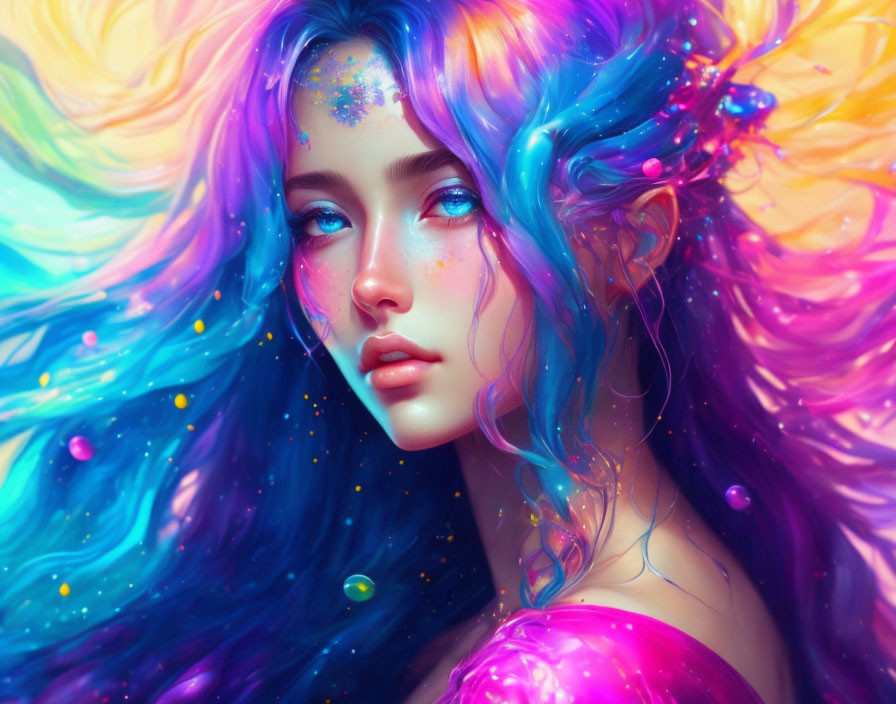 Vibrant multicolored hair and ethereal makeup in digital art