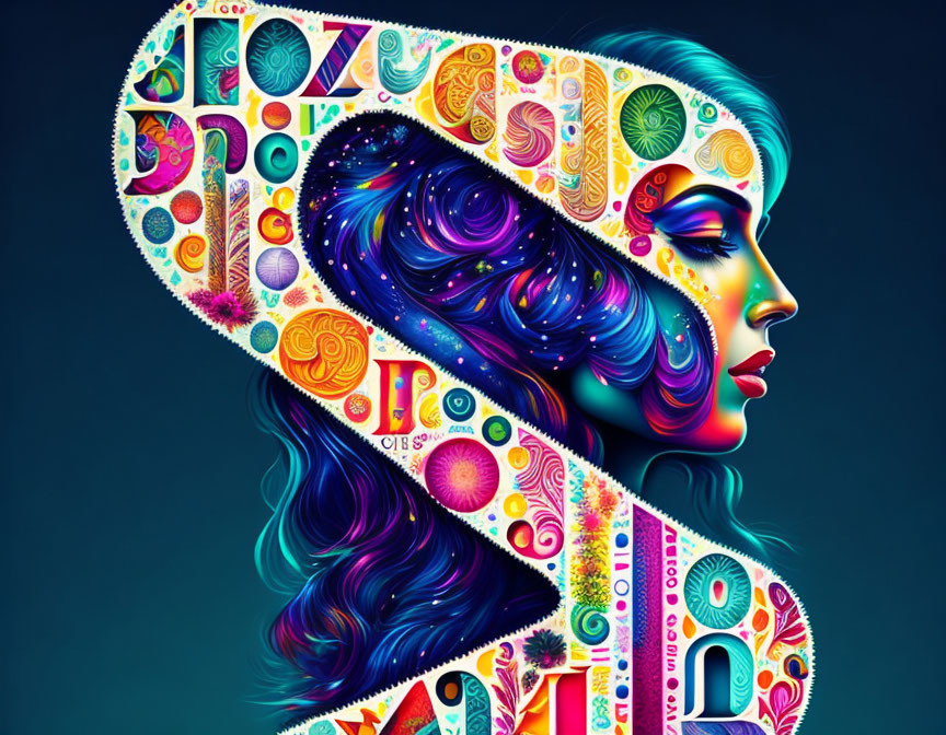 Colorful digital artwork: Woman's profile with psychedelic patterns on dark background