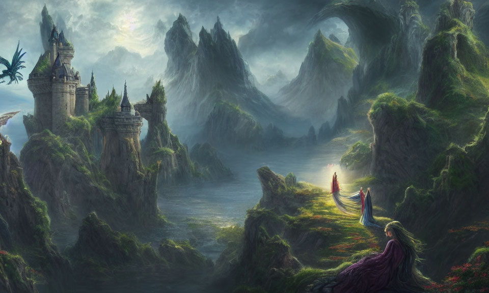 Fantasy landscape with mountains, river, figures, and castle