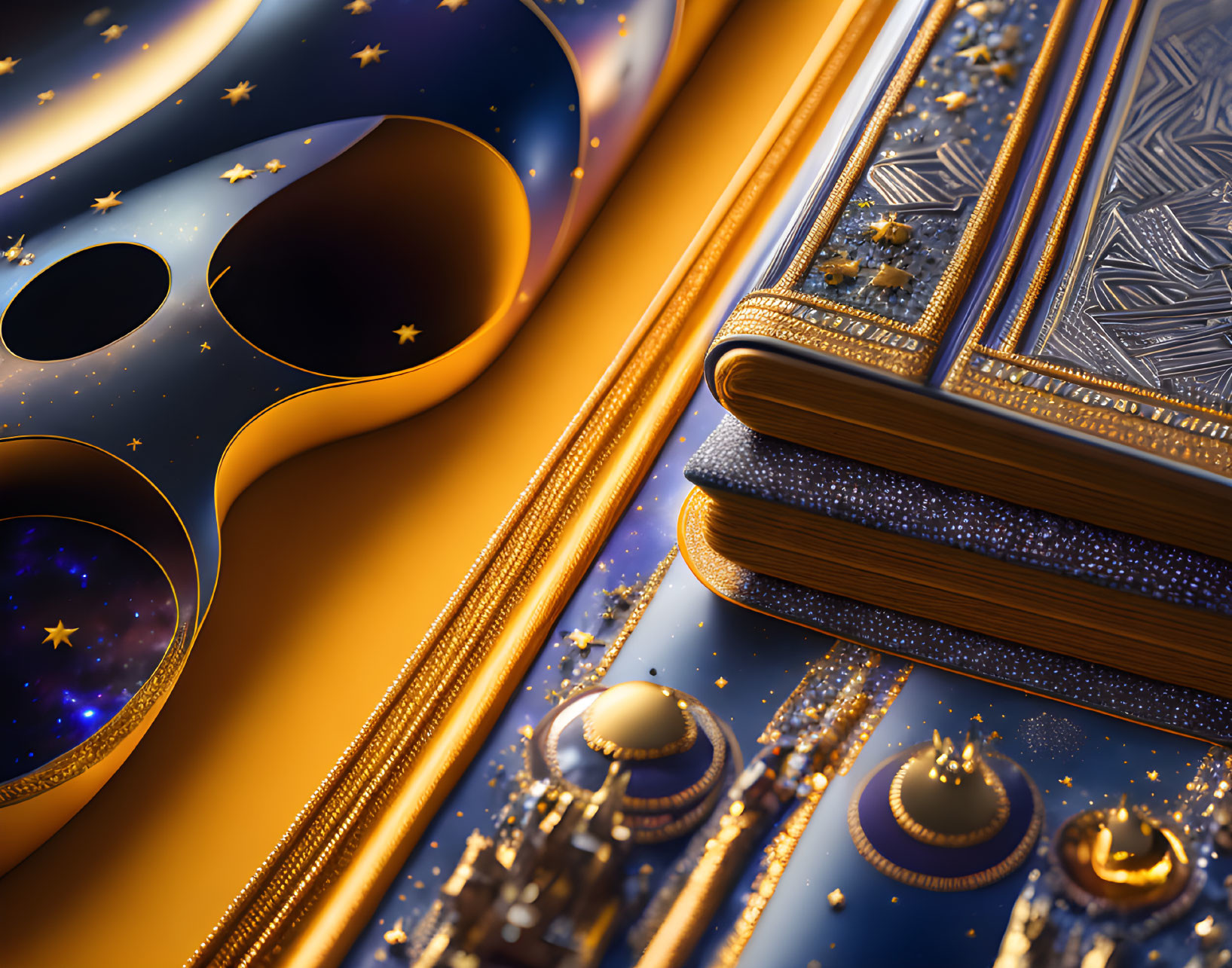 Surreal celestial-themed close-up with mask, books, and domed structures