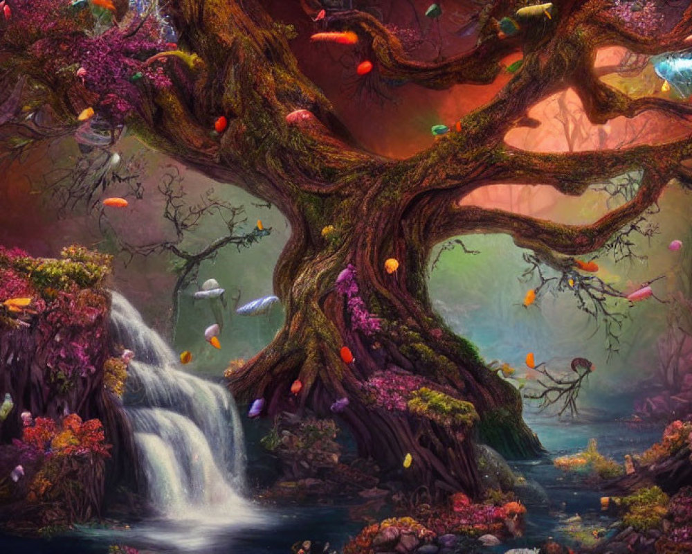 Majestic tree, waterfalls, floating lanterns in misty forest