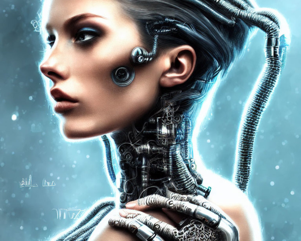 Female cyborg with mechanical neck and ear components on blue background