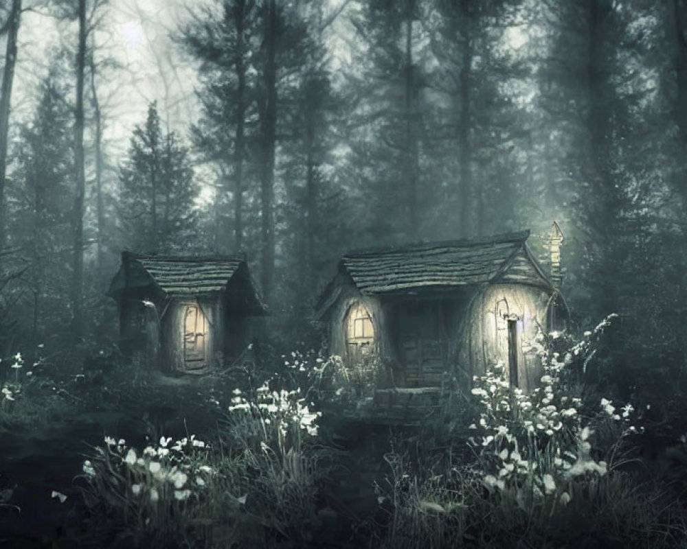 Cozy cottages in misty forest with white flowers