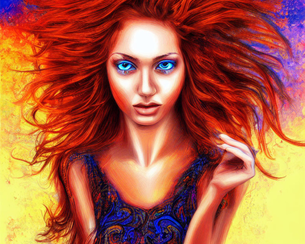 Colorful digital portrait of a woman with red hair and blue eyes on warm background