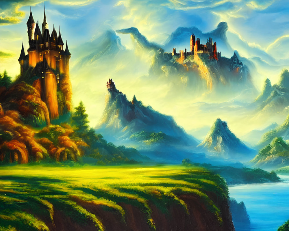 Majestic castle in vibrant fantasy landscape overlooking river