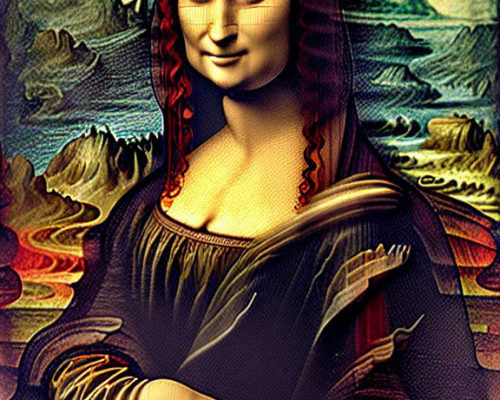 Digitally altered Mona Lisa artwork with vibrant colors and mountainous landscape