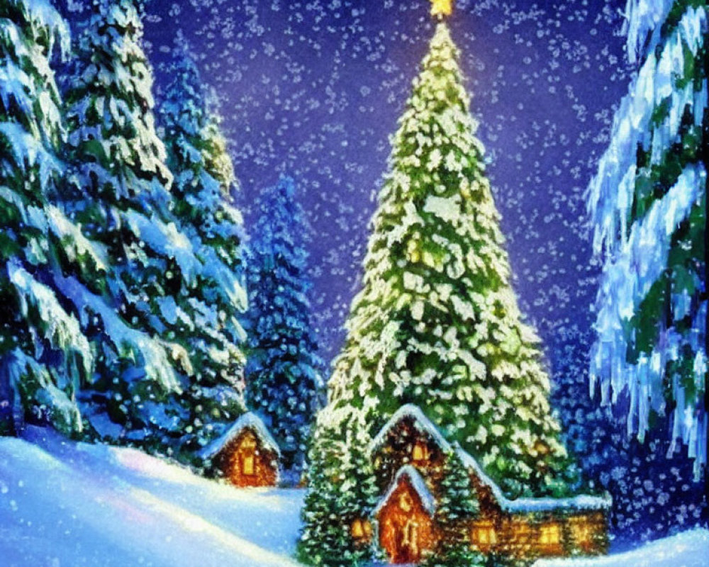 Snow-covered Christmas tree and cabins under starry sky