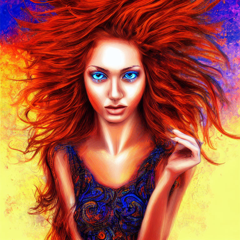 Colorful digital portrait of a woman with red hair and blue eyes on warm background