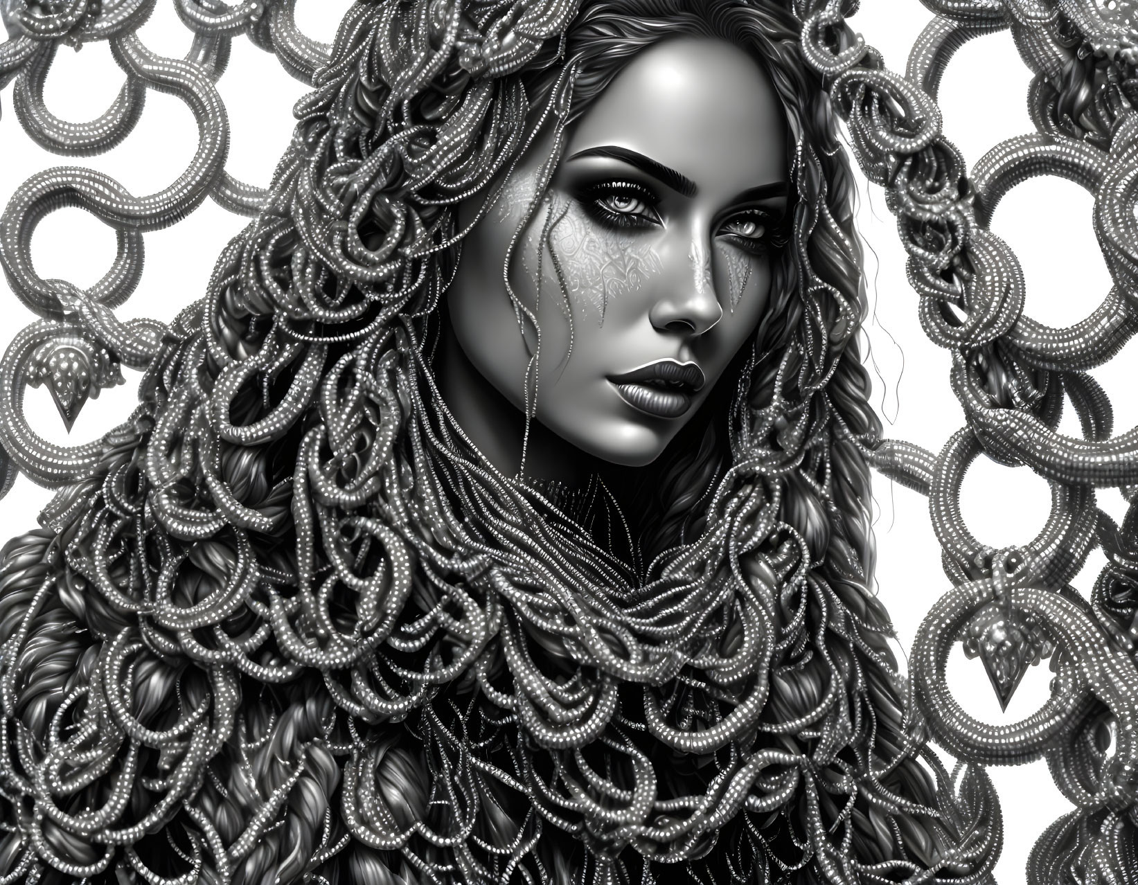 Monochrome digital artwork of woman with chain-like hair and detailed complexion