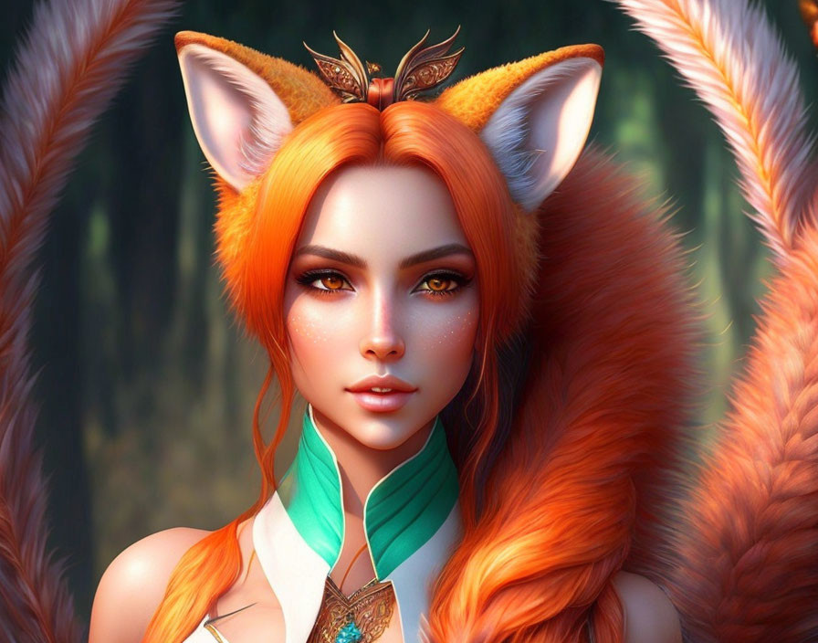 Digital art portrait of woman with fox features: orange ears and tails, leaf crown, green scarf.