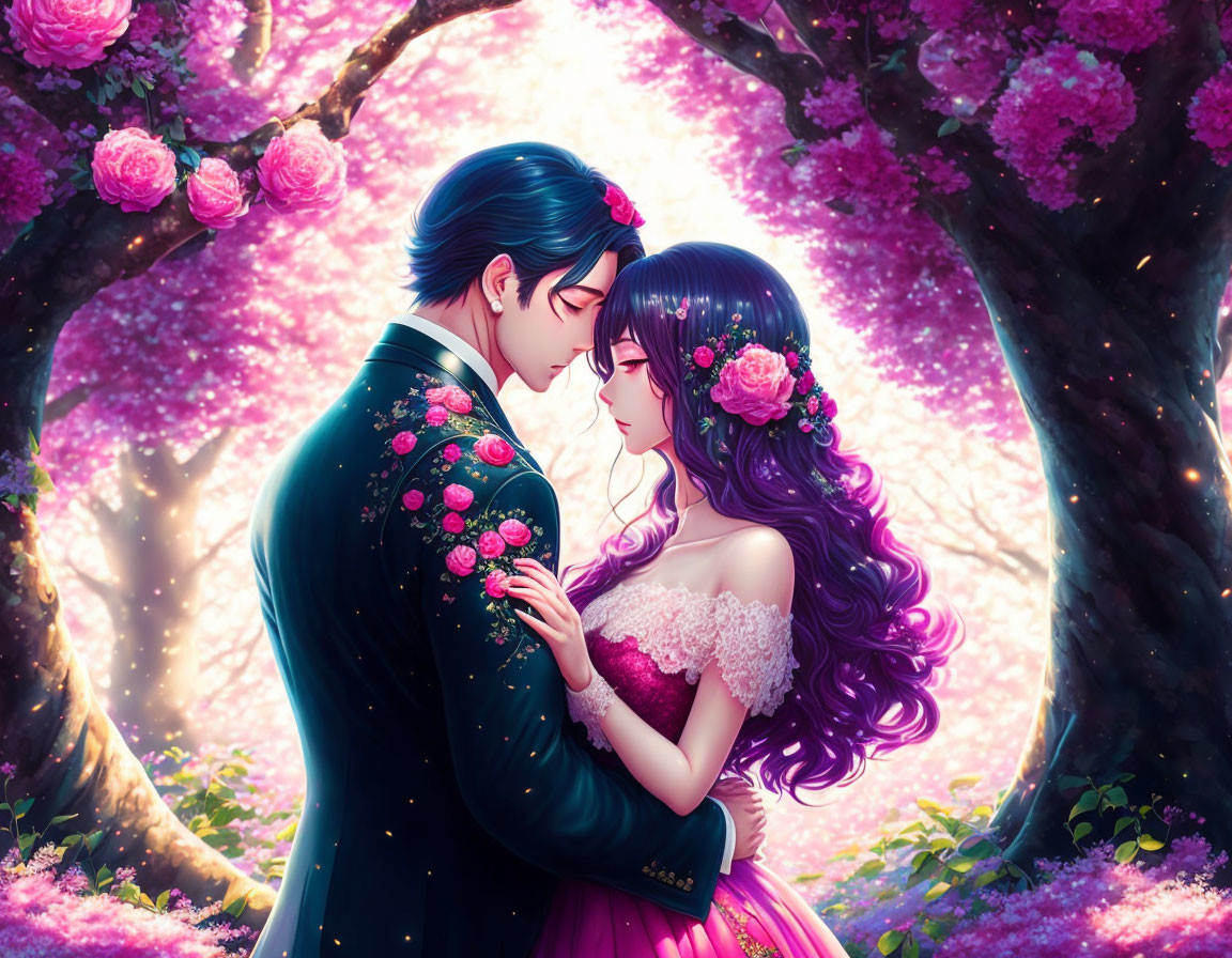 Animated couple embraces under vibrant pink blossoms in magical setting