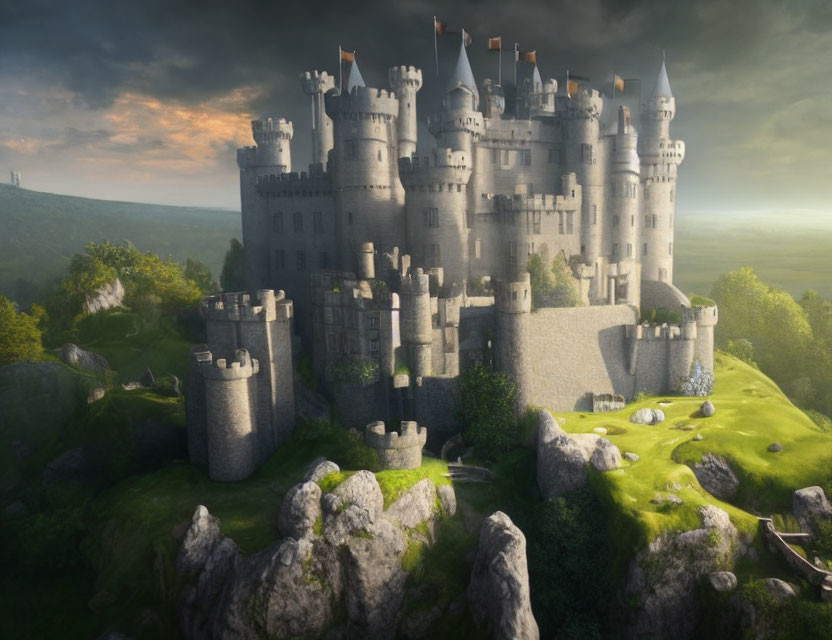 Majestic castle with towers on rugged hill under dramatic sky