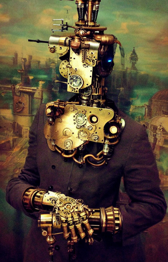 Steampunk-style robot with intricate gears in industrial landscape