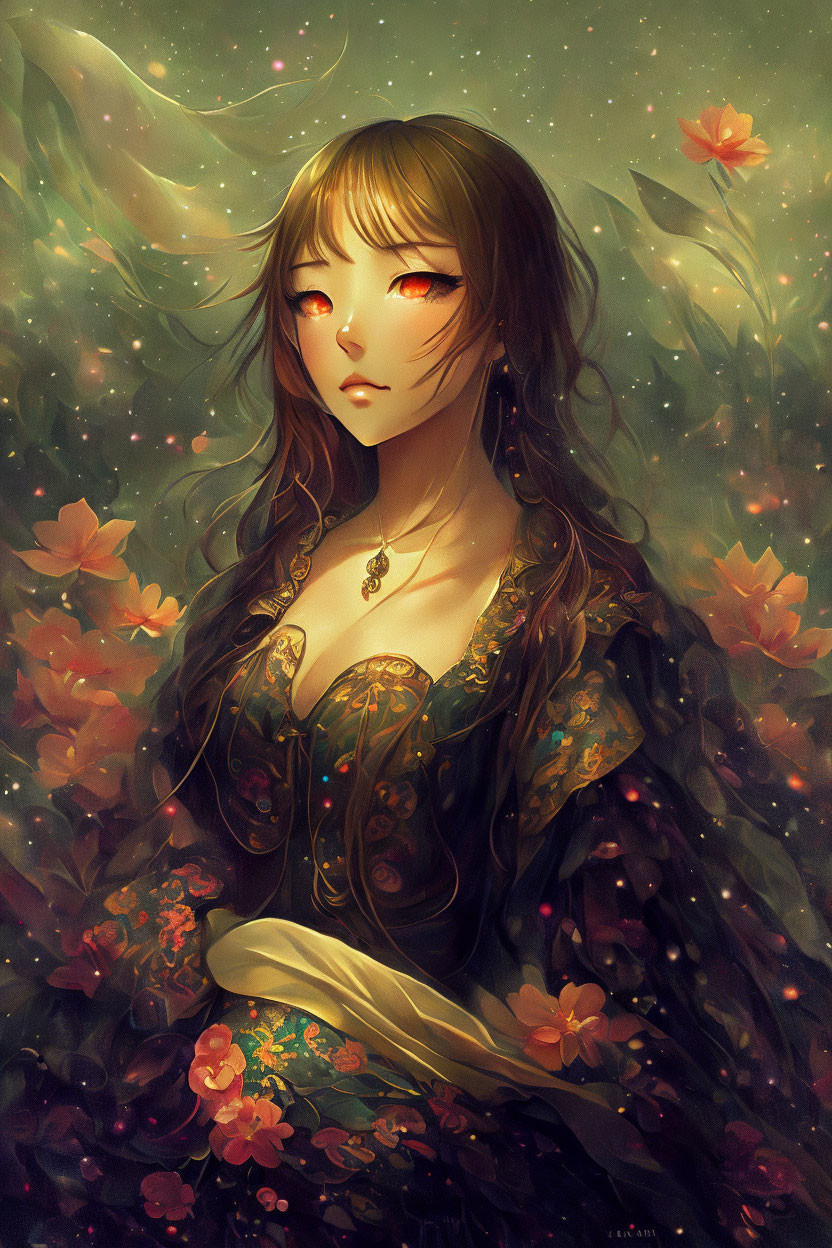 Illustrated female figure with golden eyes in mystical floral ambiance