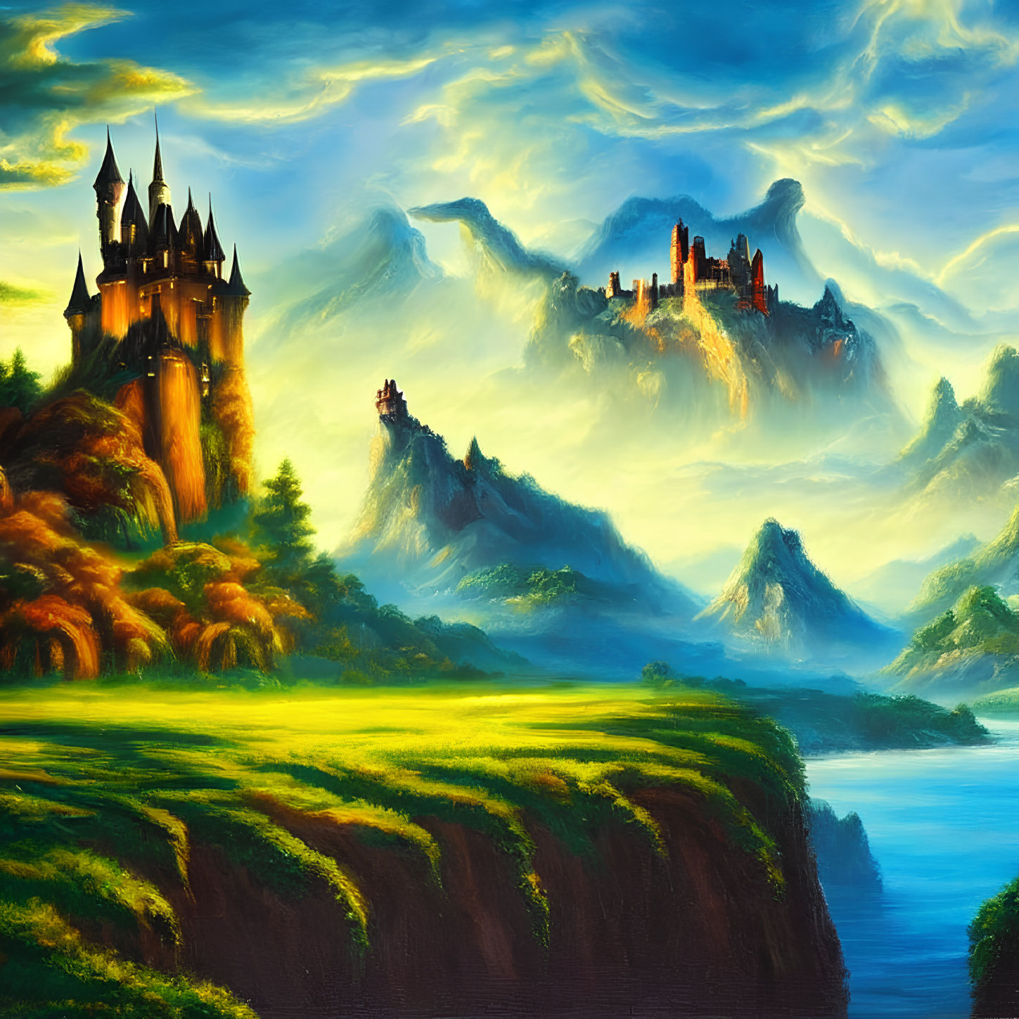 Majestic castle in vibrant fantasy landscape overlooking river