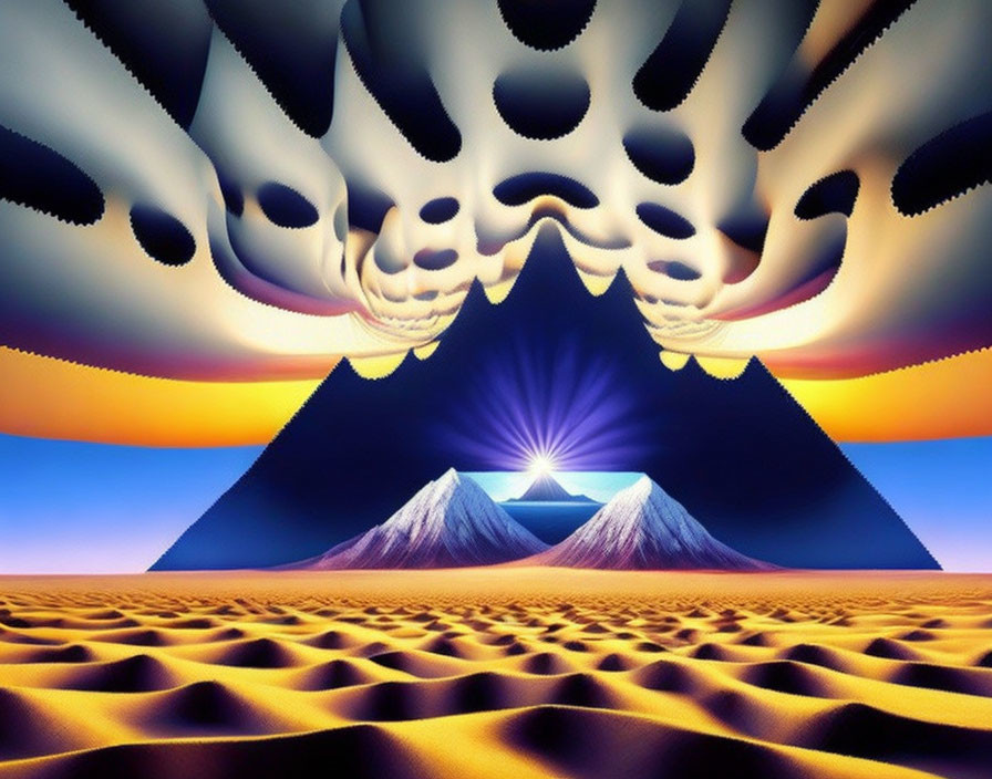 Surreal landscape with two mountains under bizarre sky and vivid sunset