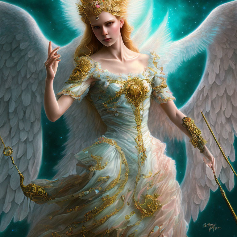 Celestial being with large white wings in ornate golden gown