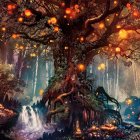 Majestic tree, waterfalls, floating lanterns in misty forest