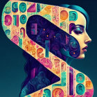 Colorful digital artwork: Woman's profile with psychedelic patterns on dark background