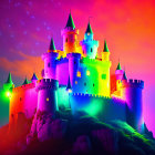 Colorful Neon Fantasy Castle Against Pink-Purple Sky