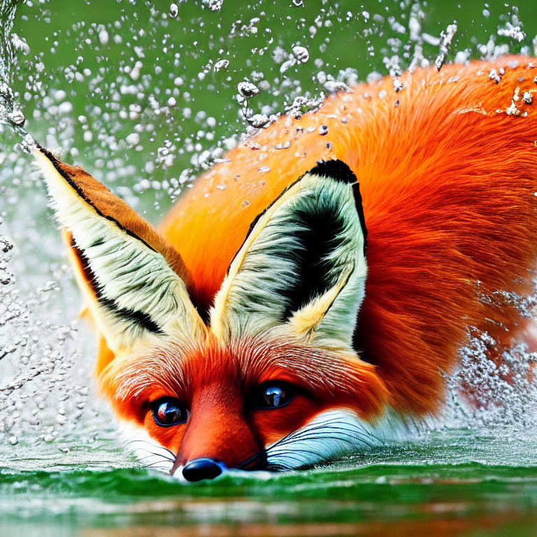 Vibrant orange fox with blue eyes in water with splashes