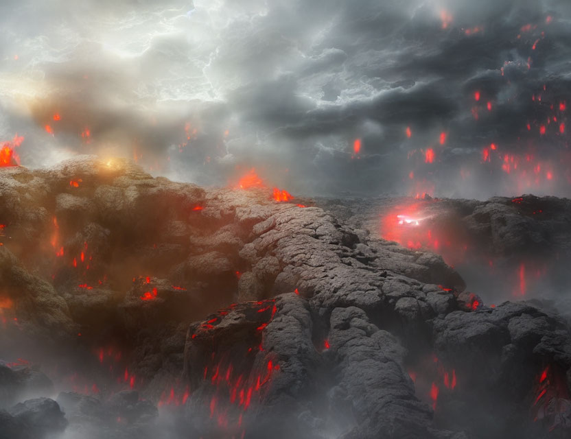 Fiery landscape with red lava flowing through cracked rocks