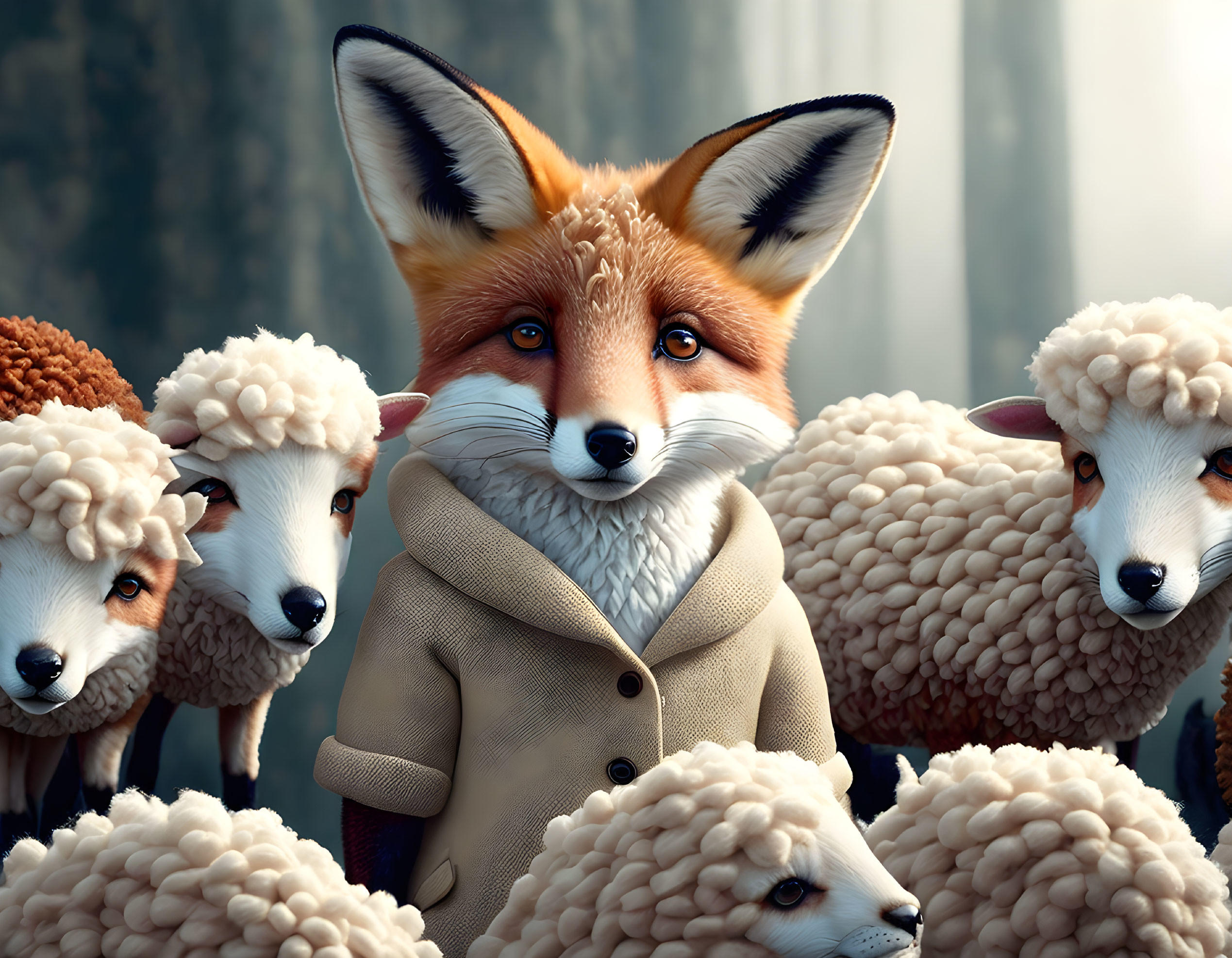 Beige Coat Fox Stands Out Among Sheep in Whimsical Illustration