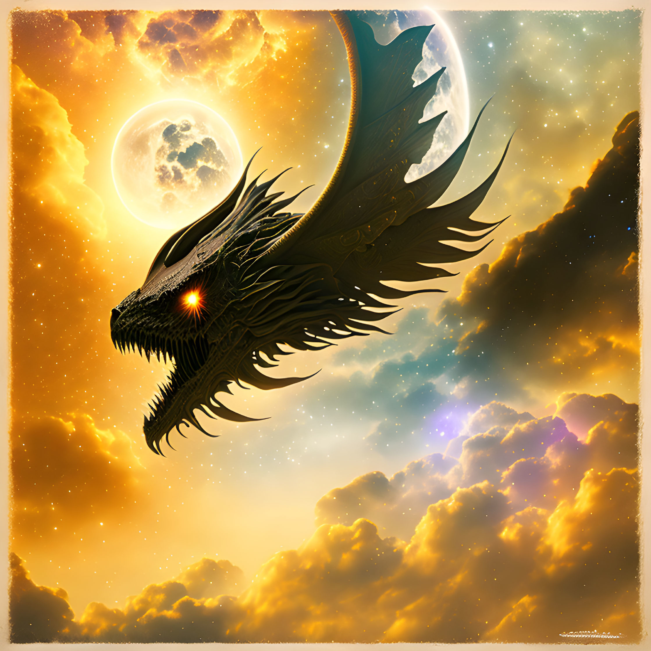 Majestic dragon flying under dual moonlit sky with golden clouds.