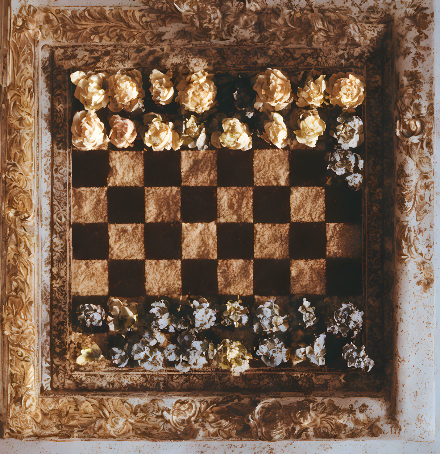 Luxurious Chess Set with Gold and Silver Flower Pieces on Decorative Background