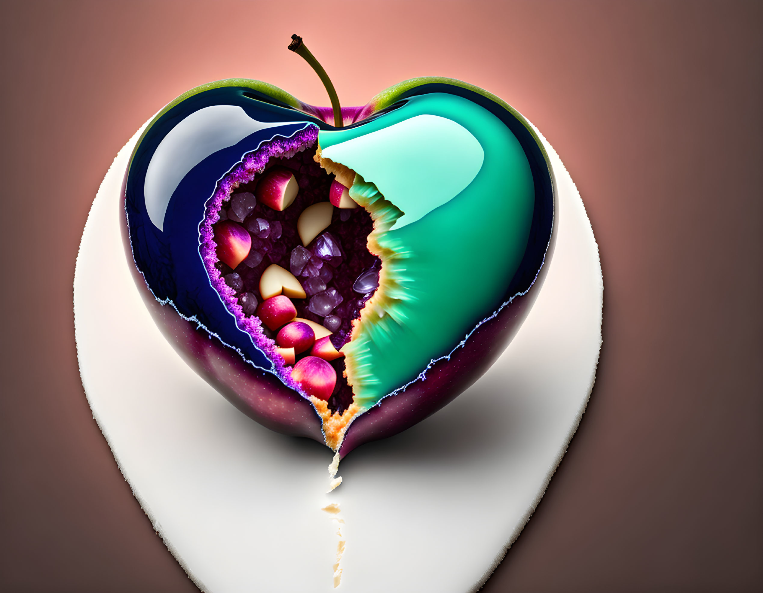 Colorful digitally altered apple with heart-shaped cutout showcasing jewel-like insides