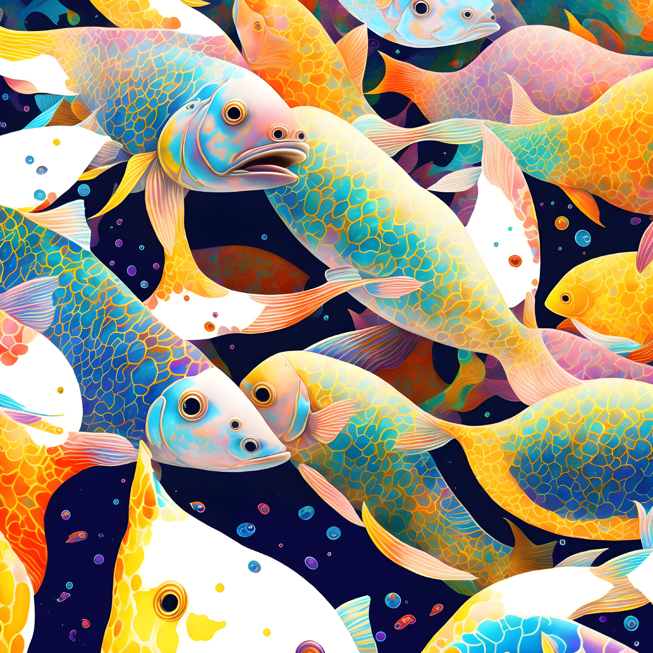 Colorful Digital Artwork: Intricate Fish Patterns on Dark Blue