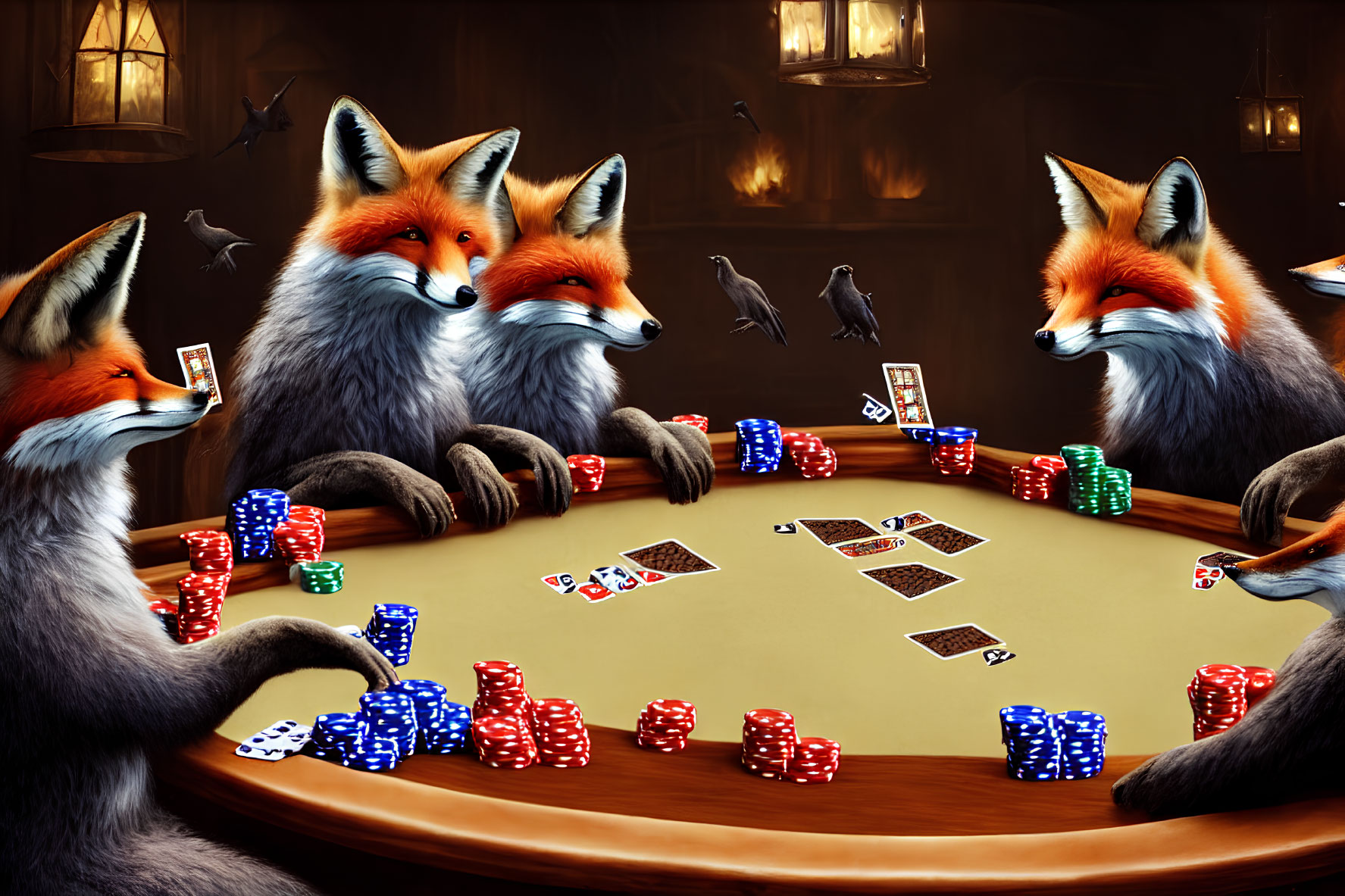 Anthropomorphic foxes playing poker with scattered cards and chips