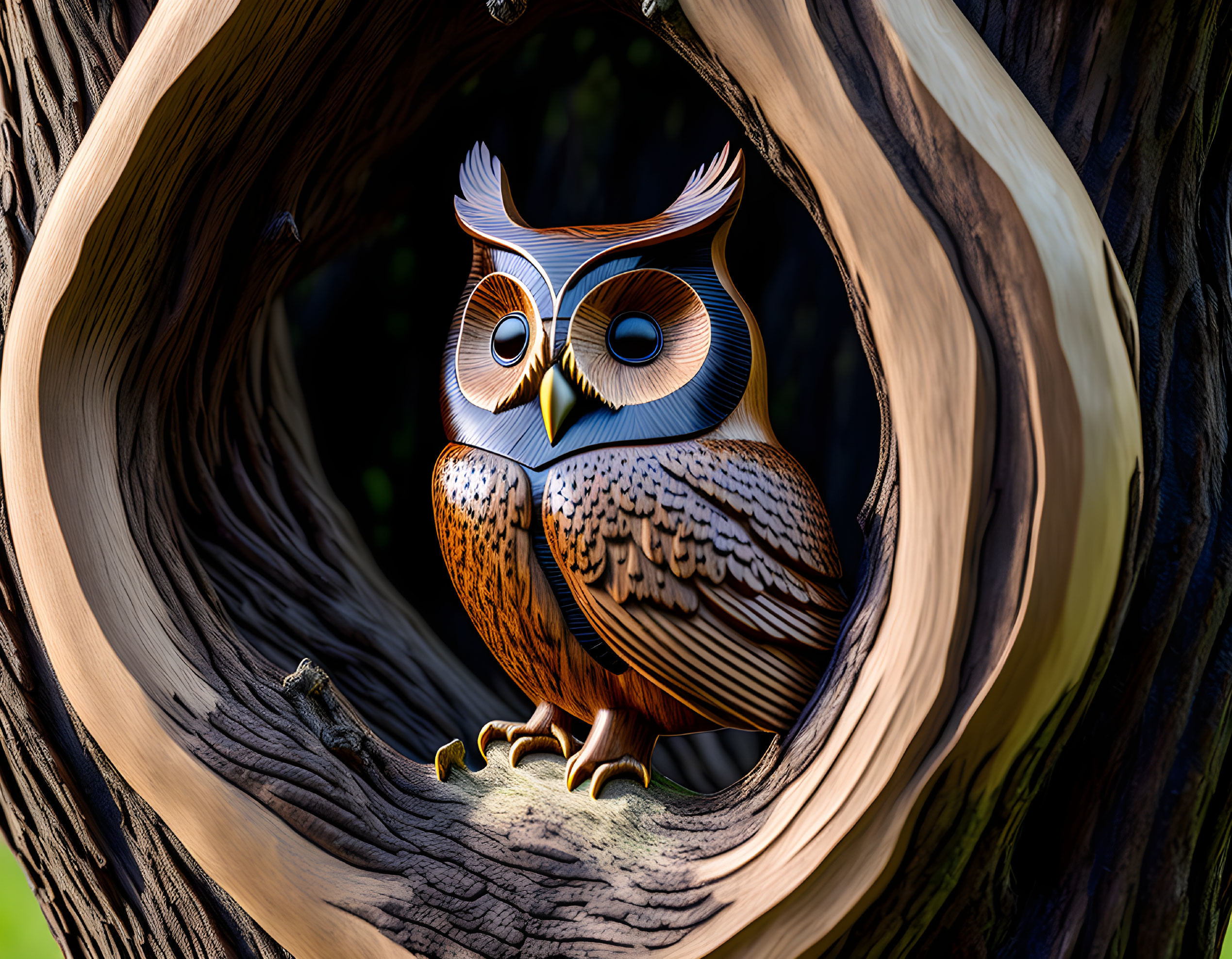 Stylized illustration of owl in tree trunk with lizard