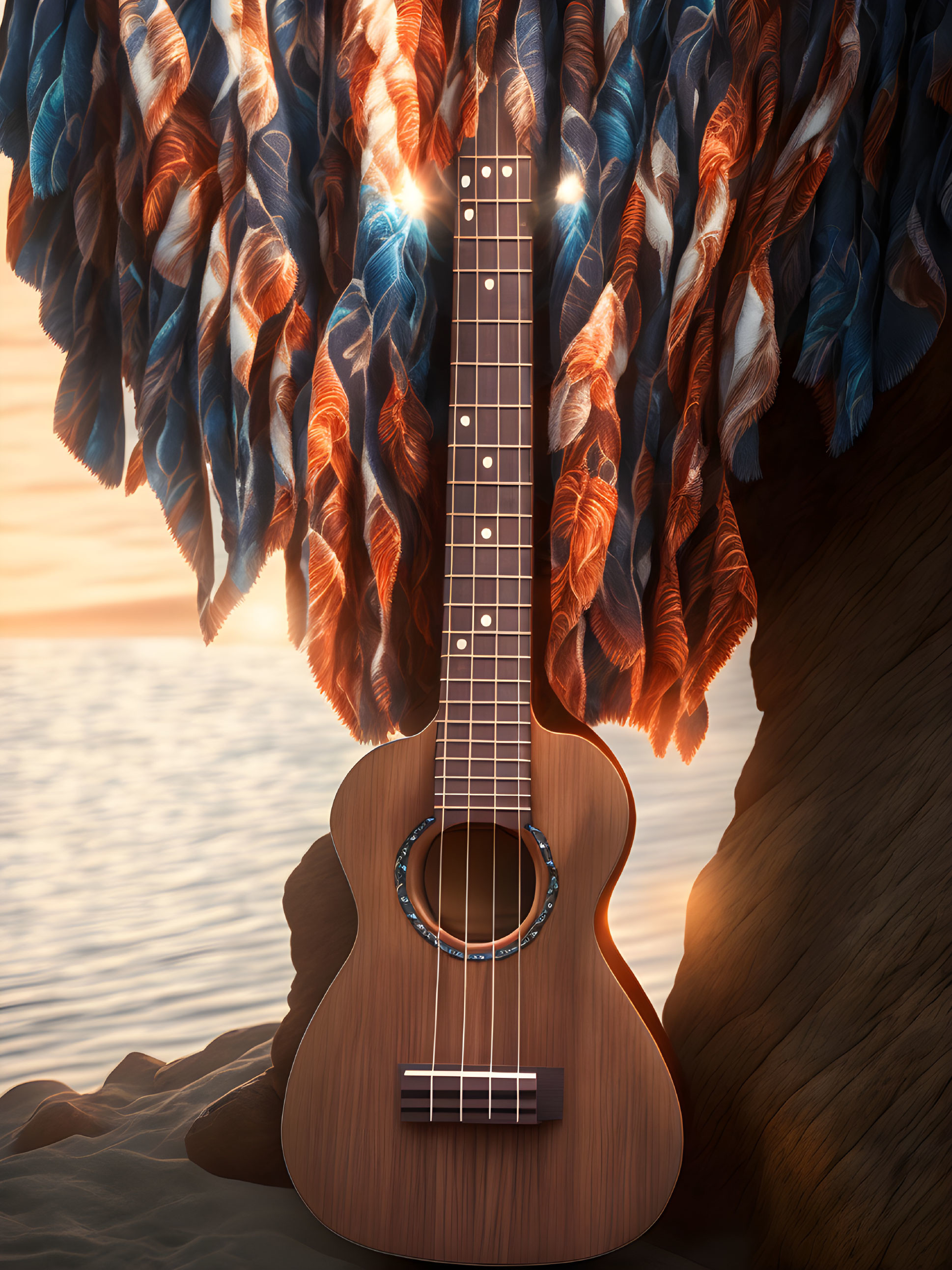 Sunset seascape with guitar by rocky alcove