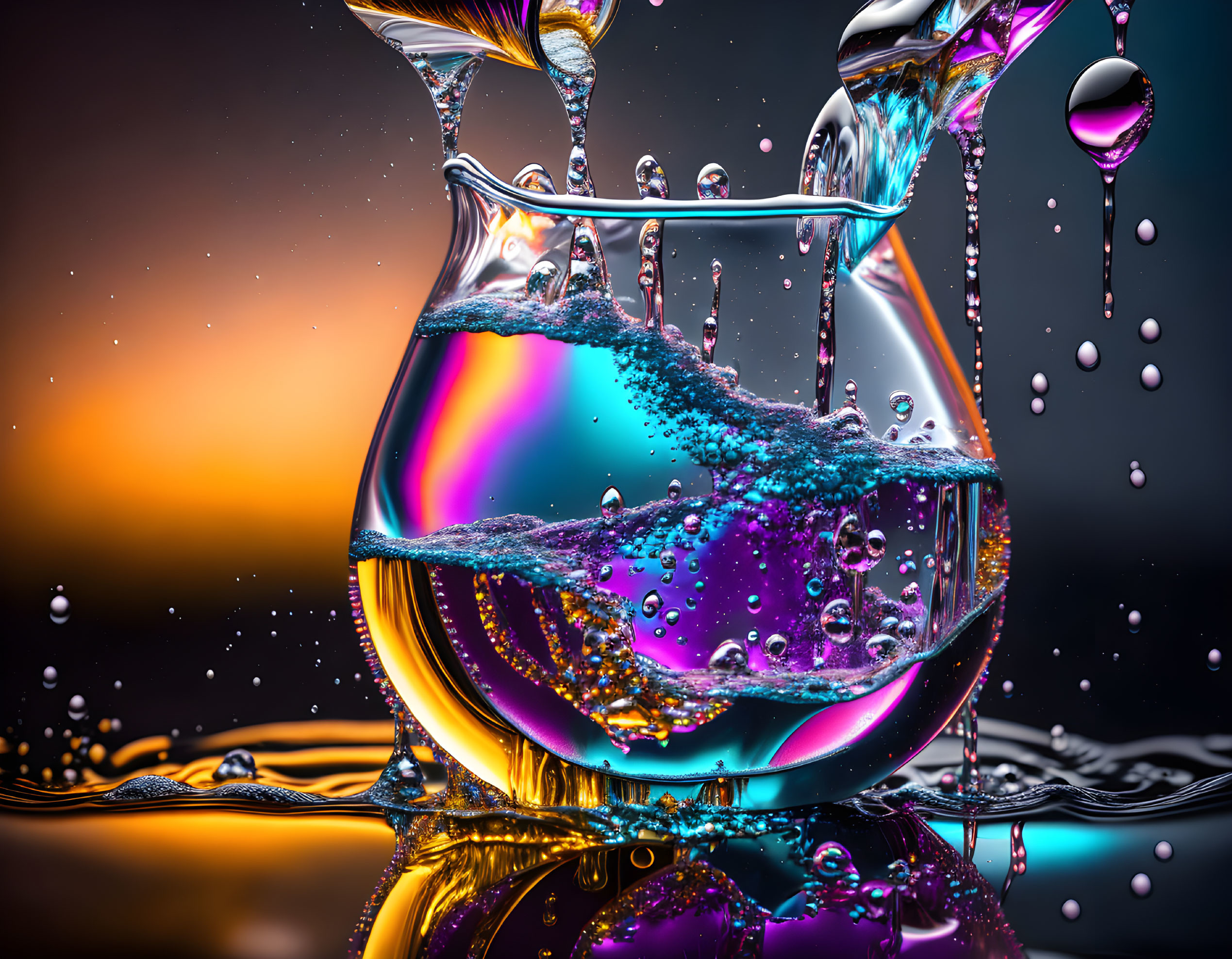 Colorful Water Splash in Glass on Orange Gradient Background