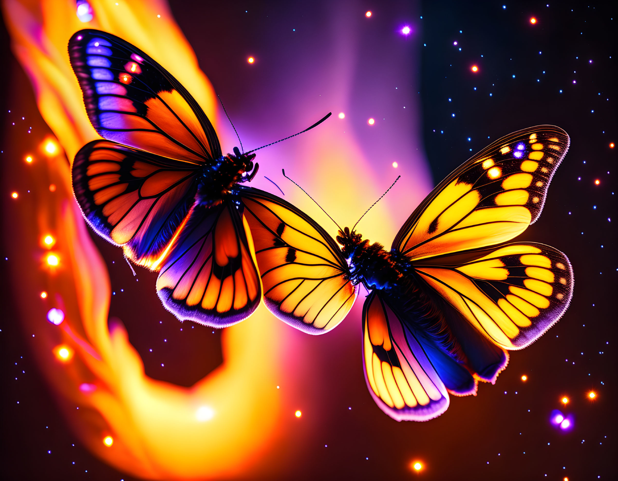 Colorful butterflies on fiery background with glowing particles