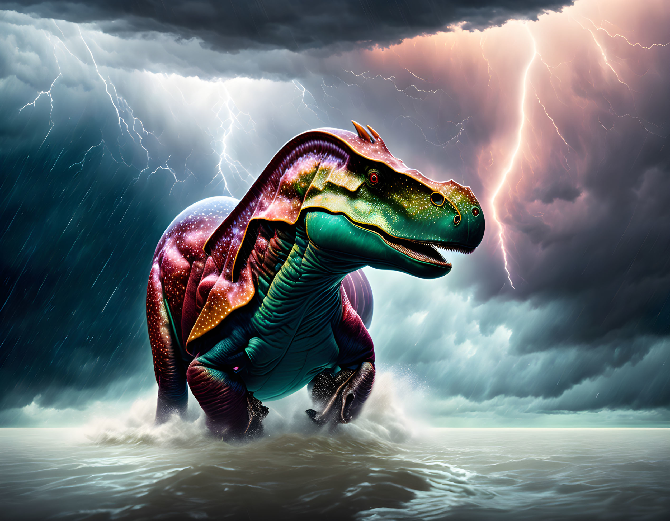 Colorful neon-lit dinosaur in stormy sky with lightning