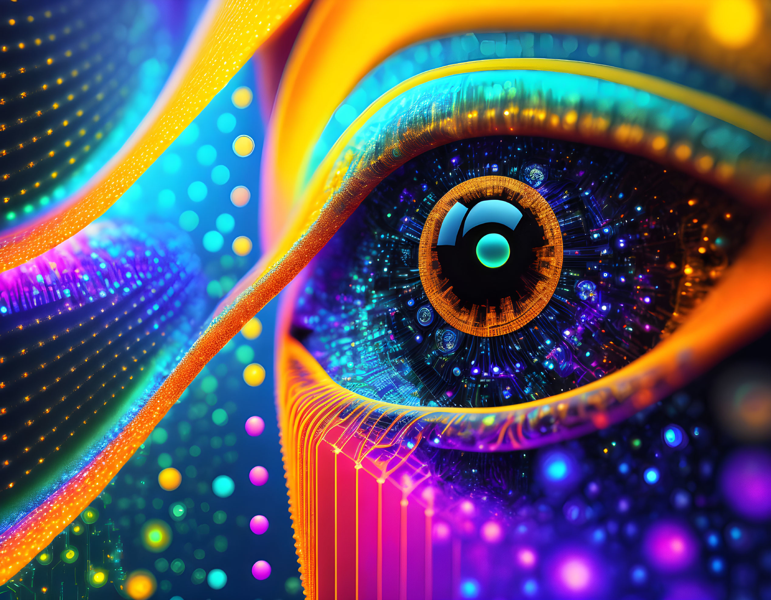 Colorful digital artwork: stylized eye with circuit iris, neon waves.