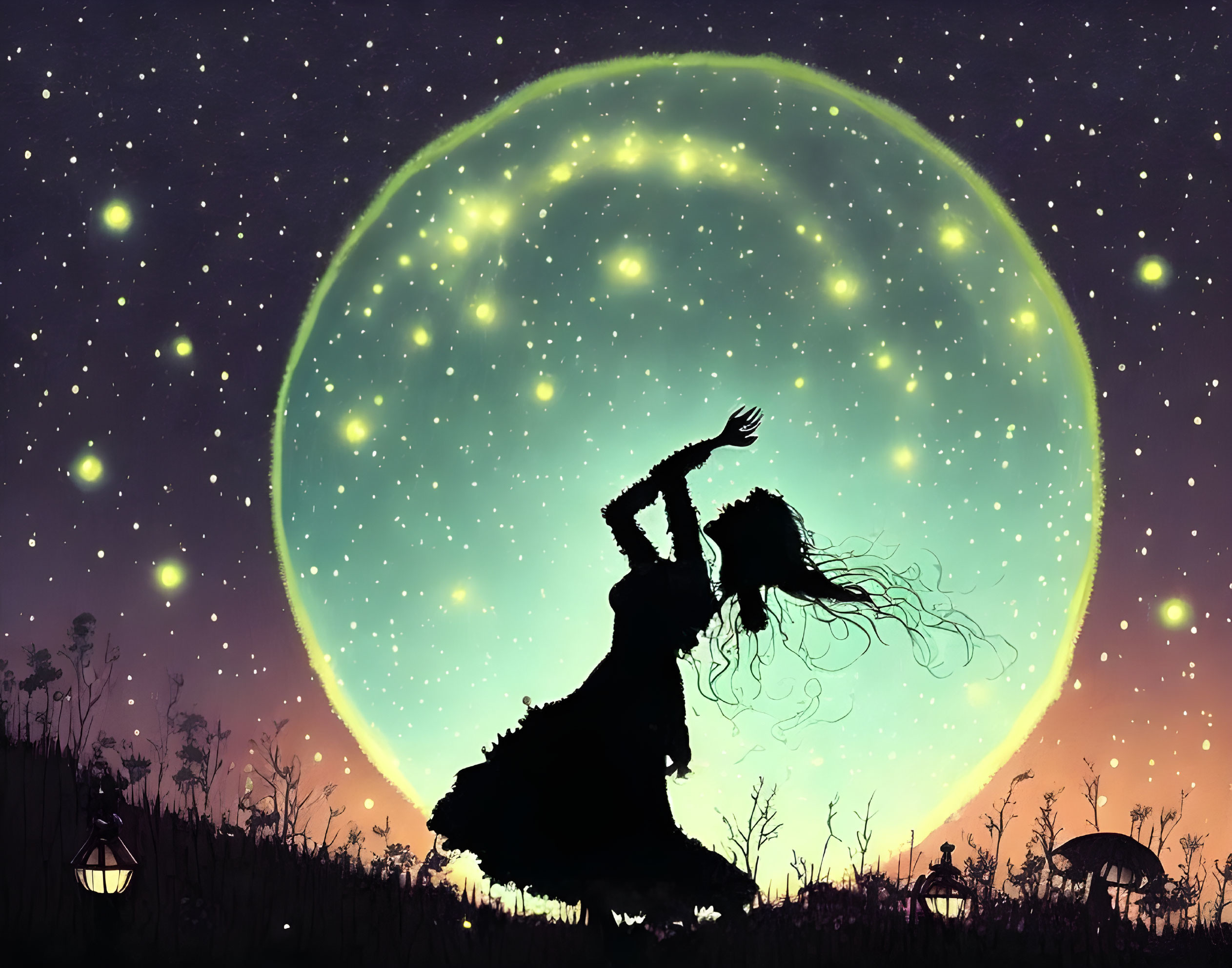 Silhouette of person dancing in moonlit field.