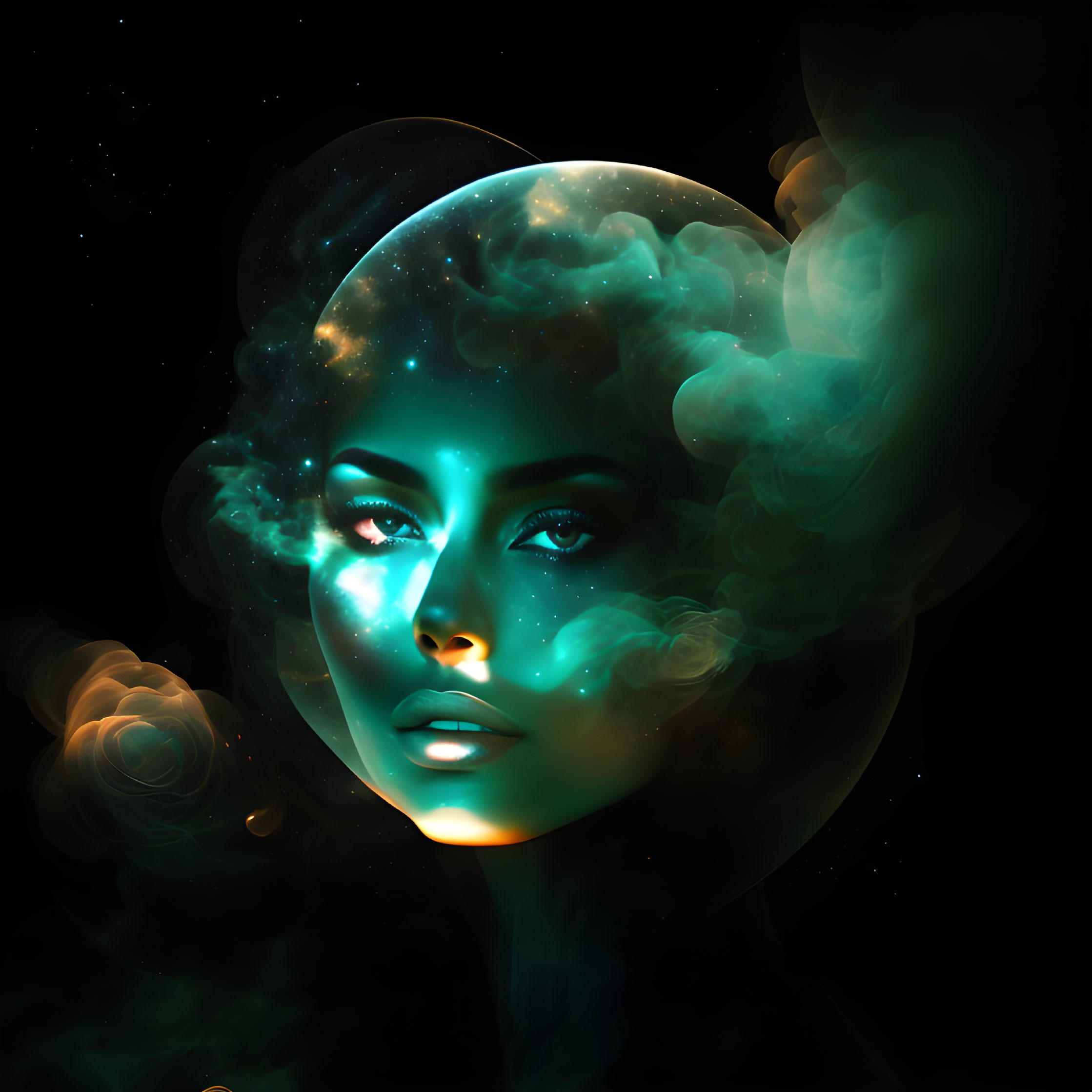 Cosmic digital artwork: Woman's face merged with starry galaxy and nebulas