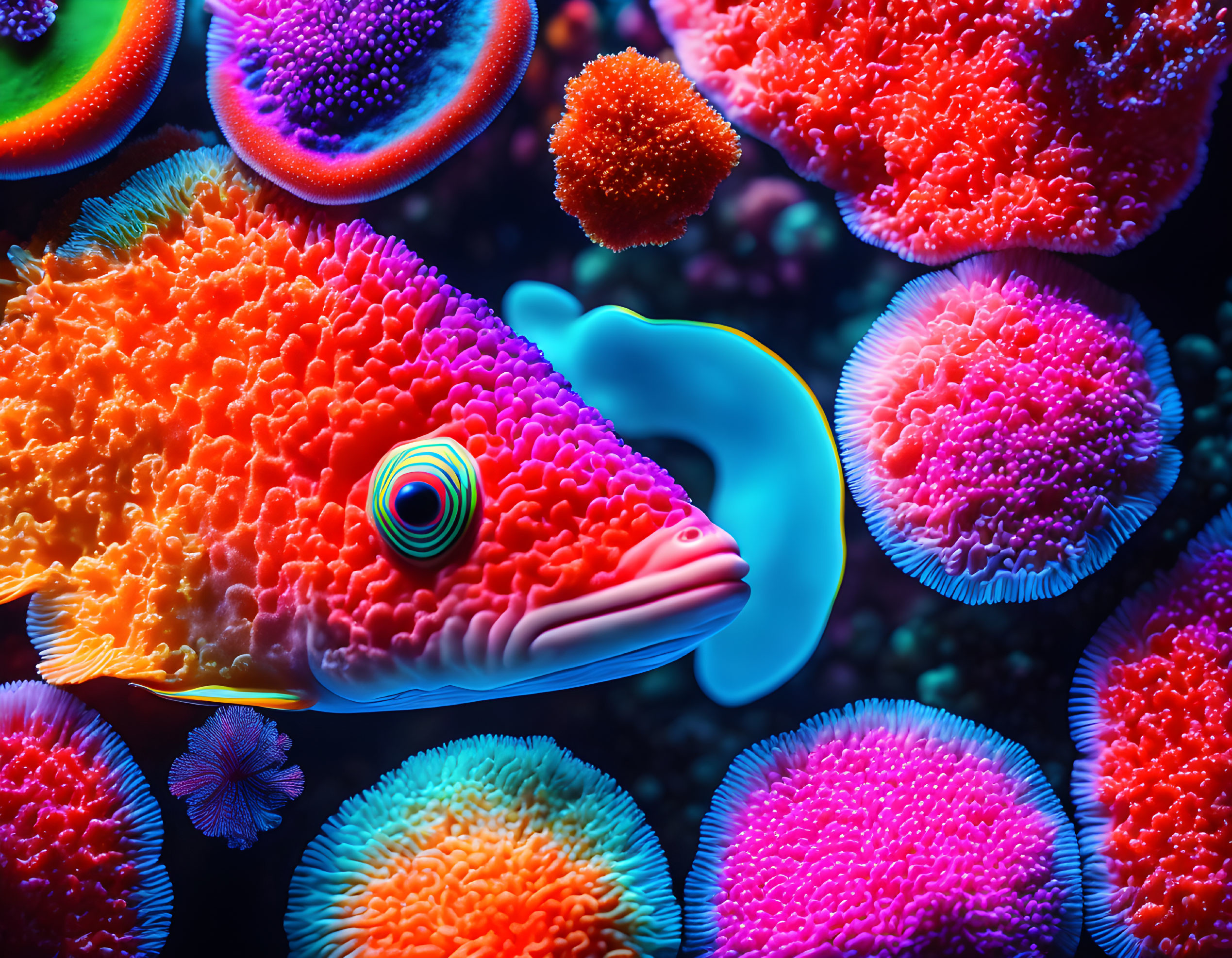 Colorful Fish Among Neon Coral in Digital Art